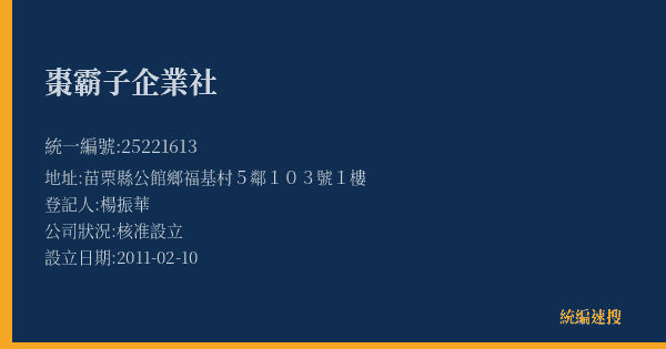棗霸子企業社的照片-統編 25221613(苗栗縣) 公司登記資料與營業項目詳細圖表