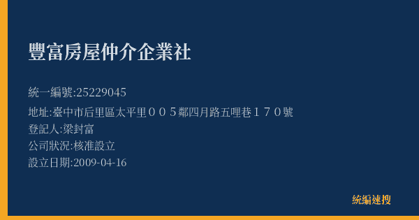 豐富房屋仲介企業社的照片-統編 25229045(臺中市) 公司登記資料與營業項目詳細圖表