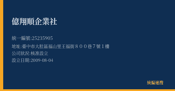 億翔順企業社的照片-統編 25235905(臺中市) 公司登記資料與營業項目詳細圖表