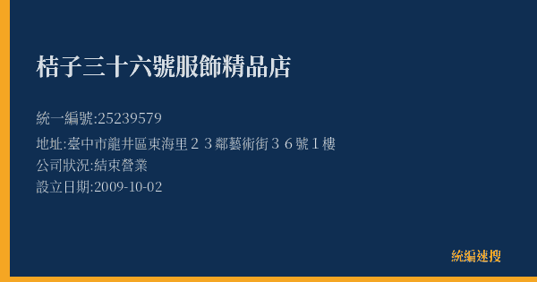 桔子三十六號服飾精品店的照片-統編 25239579(臺中市) 公司登記資料與營業項目詳細圖表
