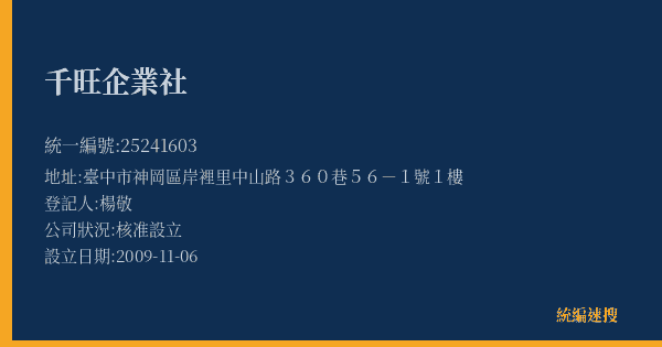 千旺企業社的照片-統編 25241603(臺中市) 公司登記資料與營業項目詳細圖表
