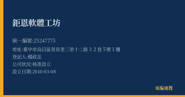 鉅恩軟體工坊的照片-統編 25247775(臺中市) 公司登記資料與營業項目詳細圖表