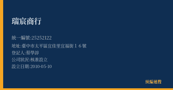 瑞宸商行的照片-統編 25252122(臺中市) 公司登記資料與營業項目詳細圖表