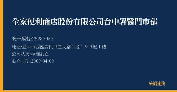 全家便利商店股份有限公司台中署醫門市部的照片-統編 25283053(臺中市) 公司登記資料與營業項目詳細圖表