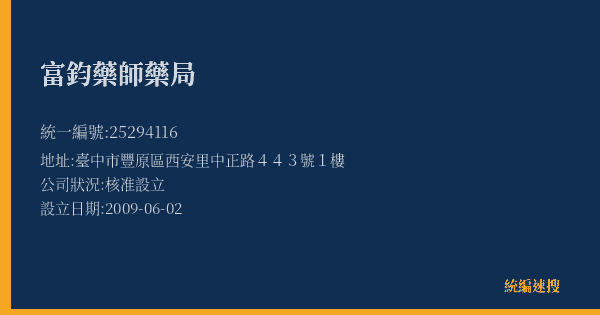 富鈞藥師藥局的照片-統編 25294116(臺中市) 公司登記資料與營業項目詳細圖表