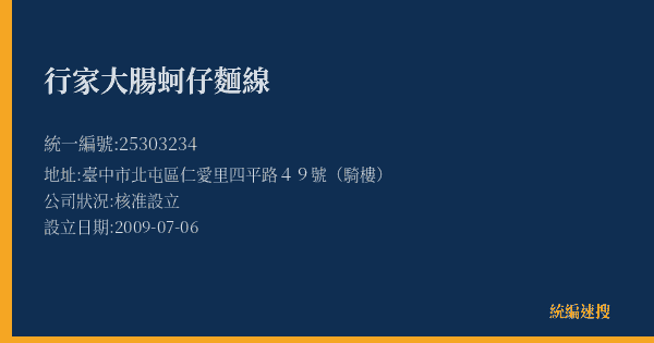 行家大腸蚵仔麵線的照片-統編 25303234(臺中市) 公司登記資料與營業項目詳細圖表