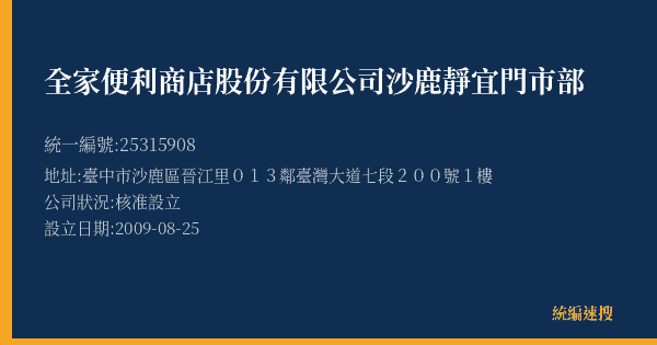 全家便利商店股份有限公司沙鹿靜宜門市部的照片-統編 25315908(臺中市) 公司登記資料與營業項目詳細圖表