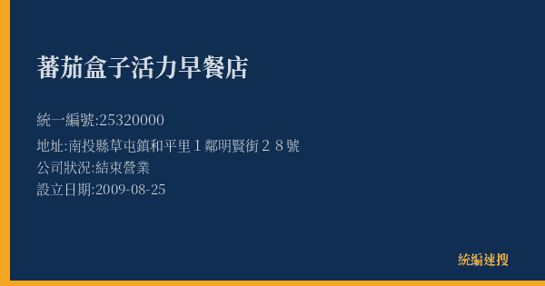 蕃茄盒子活力早餐店的照片-統編 25320000(南投縣) 公司登記資料與營業項目詳細圖表