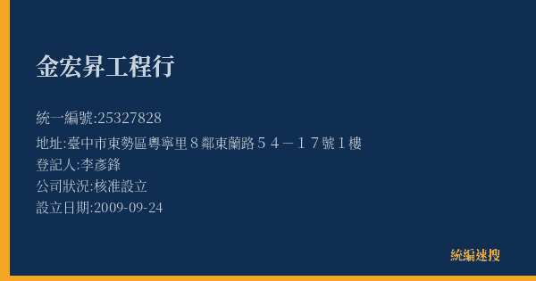 金宏昇工程行的照片-統編 25327828(臺中市) 公司登記資料與營業項目詳細圖表