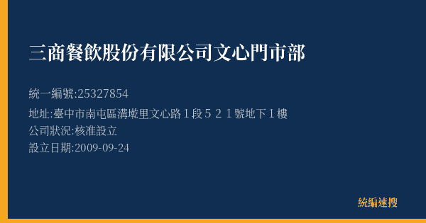 三商餐飲股份有限公司文心門市部的照片-統編 25327854(臺中市) 公司登記資料與營業項目詳細圖表