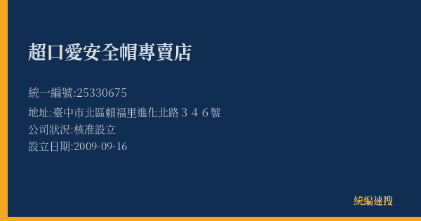 超口愛安全帽專賣店的照片-統編 25330675(臺中市) 公司登記資料與營業項目詳細圖表