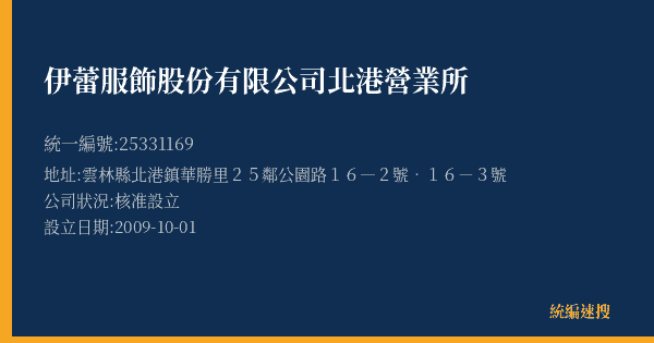 伊蕾服飾股份有限公司北港營業所的照片-統編 25331169(雲林縣) 公司登記資料與營業項目詳細圖表