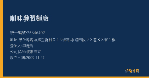 順味發製麵廠的照片-統編 25346402(彰化縣) 公司登記資料與營業項目詳細圖表