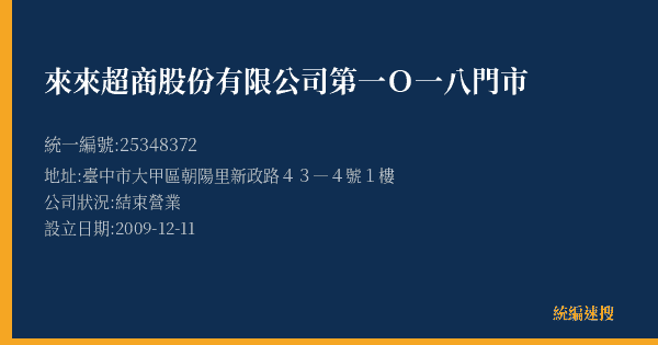來來超商股份有限公司第一O一八門市的照片-統編 25348372(臺中市) 公司登記資料與營業項目詳細圖表