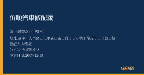 侑順汽車修配廠的照片-統編 25349870(臺中市) 公司登記資料與營業項目詳細圖表