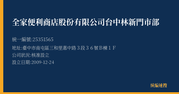 全家便利商店股份有限公司台中林新門市部的照片-統編 25351565(臺中市) 公司登記資料與營業項目詳細圖表