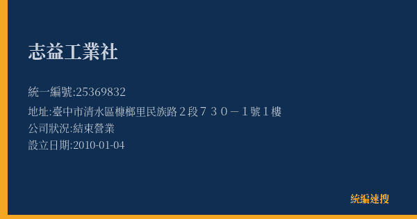 志益工業社的照片-統編 25369832(臺中市) 公司登記資料與營業項目詳細圖表