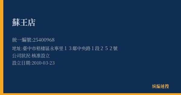 蘇王店的照片-統編 25400968(臺中市) 公司登記資料與營業項目詳細圖表