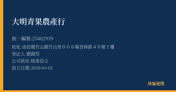 大明青果農產行的照片-統編 25402939(南投縣) 公司登記資料與營業項目詳細圖表
