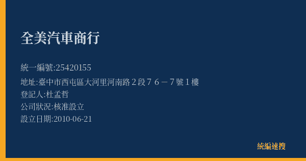 全美汽車商行的照片-統編 25420155(臺中市) 公司登記資料與營業項目詳細圖表