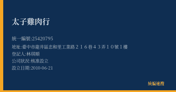 太子雞肉行的照片-統編 25420795(臺中市) 公司登記資料與營業項目詳細圖表
