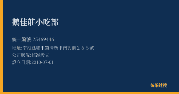 鵝佳莊小吃部的照片-統編 25469446(南投縣) 公司登記資料與營業項目詳細圖表