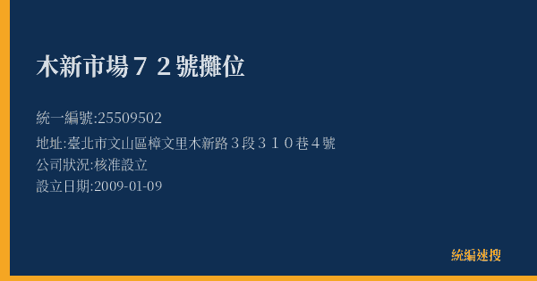 木新市場72號攤位的照片-統編 25509502(臺北市) 公司登記資料與營業項目詳細圖表