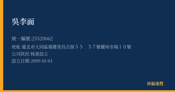 吳李面的照片-統編 25520062(臺北市) 公司登記資料與營業項目詳細圖表