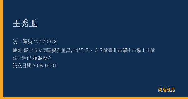 王秀玉的照片-統編 25520078(臺北市) 公司登記資料與營業項目詳細圖表