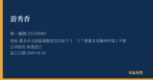 游秀香的照片-統編 25520083(臺北市) 公司登記資料與營業項目詳細圖表