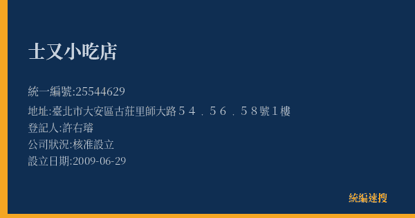 士又小吃店的照片-統編 25544629(臺北市) 公司登記資料與營業項目詳細圖表