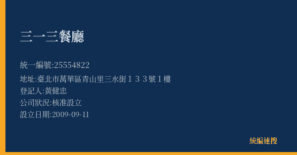 三一三餐廳的照片-統編 25554822(臺北市) 公司登記資料與營業項目詳細圖表