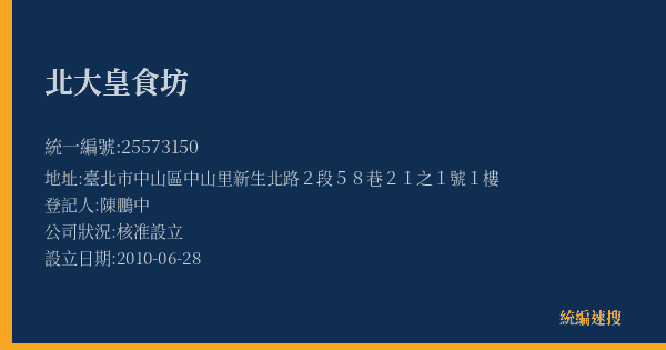 北大皇食坊的照片-統編 25573150(臺北市) 公司登記資料與營業項目詳細圖表