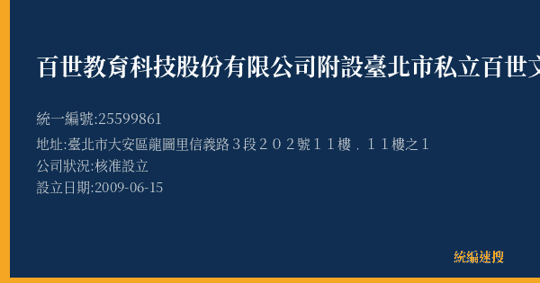 百世教育科技股份有限公司附設臺北市私立百世文理短期補習班大安分班的照片-統編 25599861(臺北市) 公司登記資料與營業項目詳細圖表