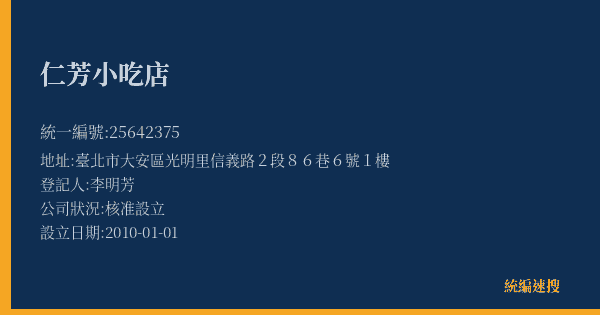 仁芳小吃店的照片-統編 25642375(臺北市) 公司登記資料與營業項目詳細圖表