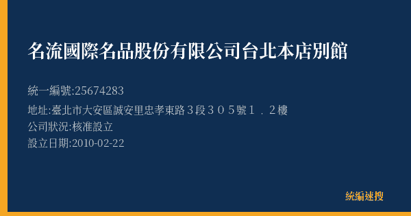 名流國際名品股份有限公司台北本店別館的照片-統編 25674283(臺北市) 公司登記資料與營業項目詳細圖表
