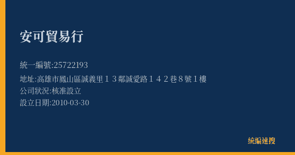 安可貿易行的照片-統編 25722193(高雄市) 公司登記資料與營業項目詳細圖表