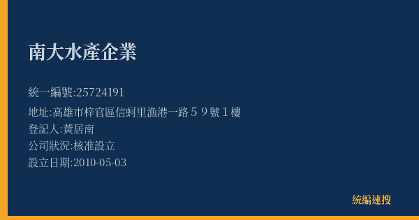 南大水產企業的照片-統編 25724191(高雄市) 公司登記資料與營業項目詳細圖表