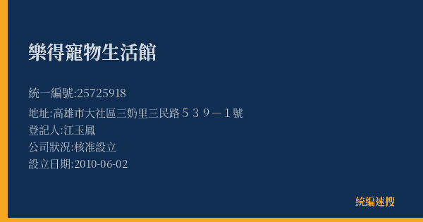 樂得寵物生活館的照片-統編 25725918(高雄市) 公司登記資料與營業項目詳細圖表