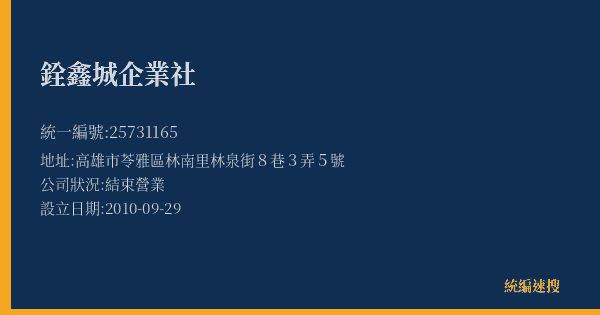 銓鑫城企業社的照片-統編 25731165(高雄市) 公司登記資料與營業項目詳細圖表