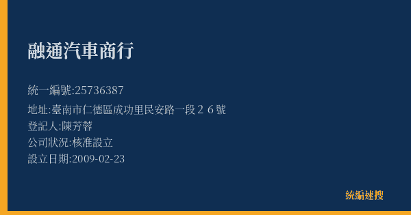 融通汽車商行的照片-統編 25736387(臺南市) 公司登記資料與營業項目詳細圖表