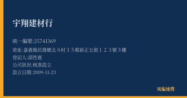 宇翔建材行的照片-統編 25741369(嘉義縣) 公司登記資料與營業項目詳細圖表