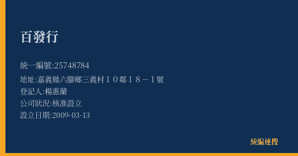 百發行的照片-統編 25748784(嘉義縣) 公司登記資料與營業項目詳細圖表