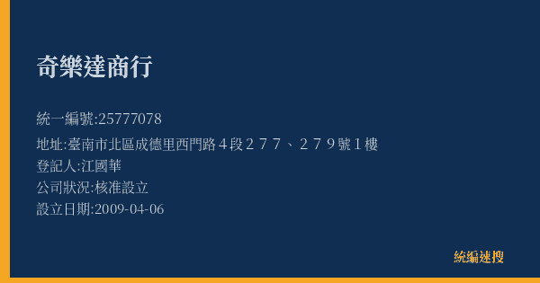 奇樂達商行的照片-統編 25777078(臺南市) 公司登記資料與營業項目詳細圖表