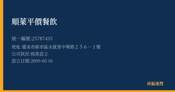 順萊平價餐飲的照片-統編 25787435(臺南市) 公司登記資料與營業項目詳細圖表