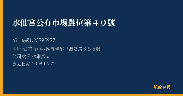 水仙宮公有市場攤位第40號的照片-統編 25795977(臺南市) 公司登記資料與營業項目詳細圖表