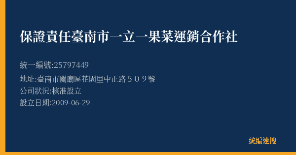 保證責任臺南市一立一果菜運銷合作社的照片-統編 25797449(臺南市) 公司登記資料與營業項目詳細圖表