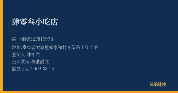 肆零叁小吃店的照片-統編 25810978(臺東縣) 公司登記資料與營業項目詳細圖表