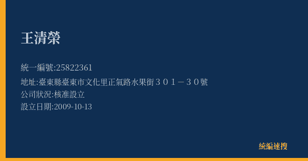 王清榮的照片-統編 25822361(臺東縣) 公司登記資料與營業項目詳細圖表