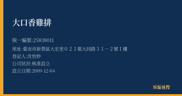 大口香雞排的照片-統編 25838011(臺南市) 公司登記資料與營業項目詳細圖表